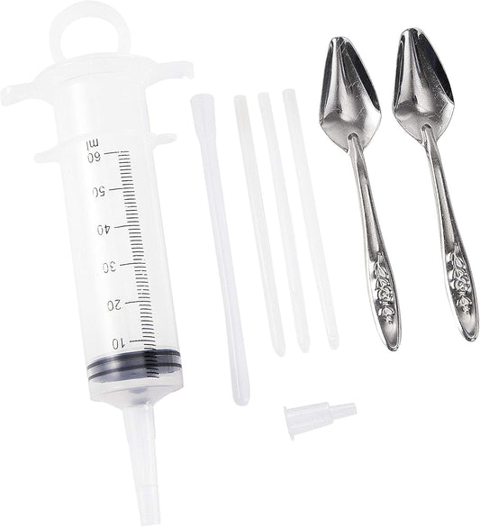 60ML Baby Bird Parrot Feeding Tubes, Liquid Medicine Feeder Push-Tube Pet Cat Dog Feeder with 2 Pcs Stainless Steel Metal Feeding Spoon