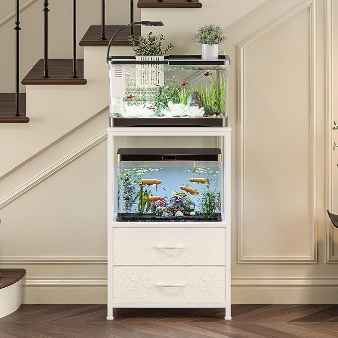 Fish Tank Stand 10 Gallon with 2-Tier Shelf, Aquarium Stand with 2 Drawers, Metal Frame Heavy Duty Reptile/Turtle Tank Stand for Home Office, Fish Tanks Accessories Storage, White