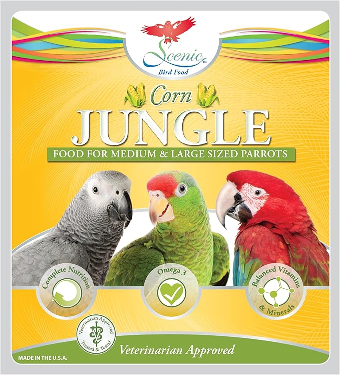 Scenic Corn Jungle Premium Parrot Food - Natural Flavors, High Protein, Low Iron Bird Pellets for Large Parrots, Macaw Food, Cockatoo & African Grey Parrots, Omega 3, Vitamins, Minerals, 2 LB