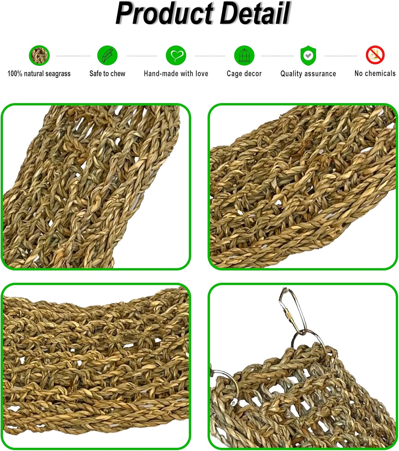 SIMENA Seagrass Mat for Birds, Natural Grass Woven Bird Net Hammock, Climbing Rope Ladder, Chew Toys for Parrots Lovebirds Cockatiels Conures Budgies, Cockatoos (Large)