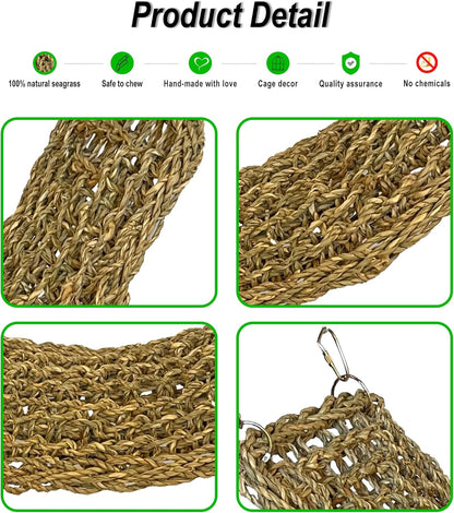 SIMENA Seagrass Mat for Birds, Natural Grass Woven Bird Net Hammock, Climbing Rope Ladder, Chew Toys for Parrots Lovebirds Cockatiels Conures Budgies, Cockatoos (Large)