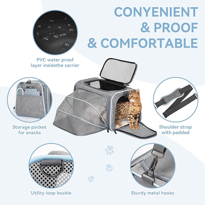 Petsfit Expandable Small Cat Carriers Dog Carrier, Airline Approved Soft-Sided Portable Washable Pet Travel Carrier with Two Extension Up to 9LB
