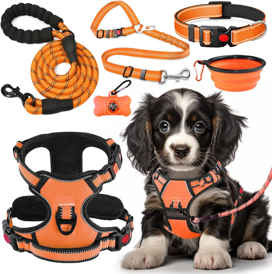 No Pull Dog Harness, Collar & Leash Set | Includes Dog Seat Belt, Collapsible Bowls & Poop Bag Dispenser. Ideal for Training, Walking, Hiking. Fits Small to Large Dogs(Orange-M)