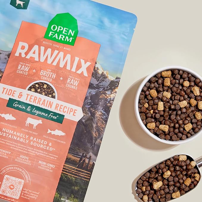 Open Farm, RawMix Grain-Free Dry Dog Food, Protein-Packed Kibble Coated in Bone Broth with Freeze Dried Raw Chunks, Pollock Beef & Salmon, Tide & Terrain Recipe, 3.5lb Bag