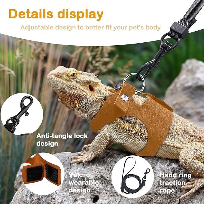 Bearded Dragon Leash and Harness Set - 3-Size Adjustable Soft Leather Vest for Training & Walking, Easy-On-and-Off Design (Brown) (Brown, 2M)
