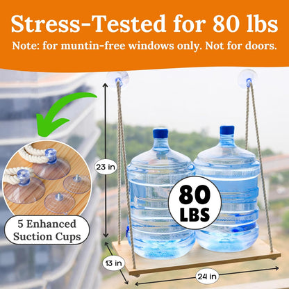 Cat Window Perch for Large Cats - Hammock Bed for Heavy Indoor Cats - Solid Wood Seat, 5 Strong Suction Cups, Soft Cushion - Rustic Shelf for Pets Inside