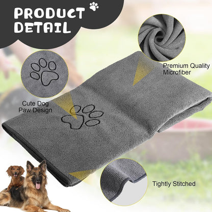 Chumia 4 Pack Dog Towels for Drying Large Microfiber Grooming Tools Absorbent Soft Bath Supplies with Embroidered Paw for Small Medium Pet Products(16 x 32 Inch,Gray, Black)