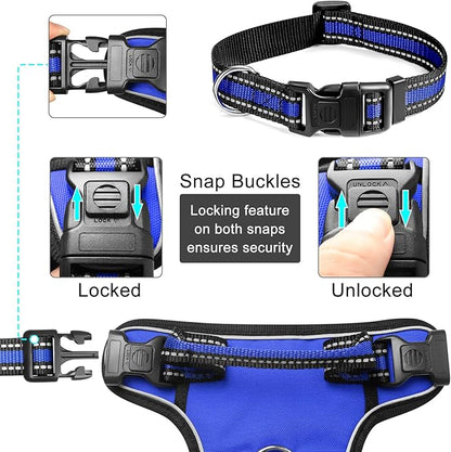 WINSEE Dog Harness No Pull, Pet Harnesses with Dog Collar, Adjustable Reflective Oxford Outdoor Vest, Front/Back Leash Clips for Small, Medium, Large, Extra Large Dogs, Easy Control Handle for Walking