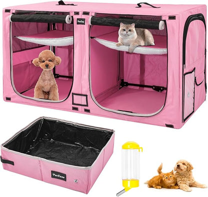 Huge Sapce Double Compartment Cat Travel Carrier with Litter Box & Homack | Cat Show Kennel Cage Crate with Mat & Water Bottle