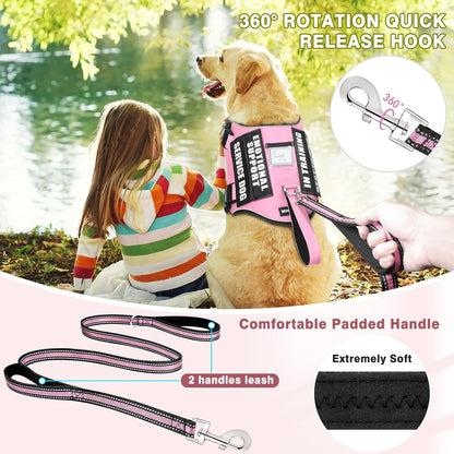 Service Dog Vest Harness and Leash Set+10 Patches,No Pull&Easy Walk Reflective Dog Harness with Soft Padded Handle for Training/Everyday,Fit Small/Medium/Large/Extra-Large Dogs (Pink XL)