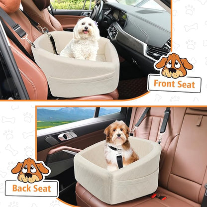 Dog Car Seat for Small Medium Dogs,Detachable Washable Dog Booster Seat Under 30lbs, Pet Car Seat Travel Bed with Storage Pockets and Dog Safety Belt (White)