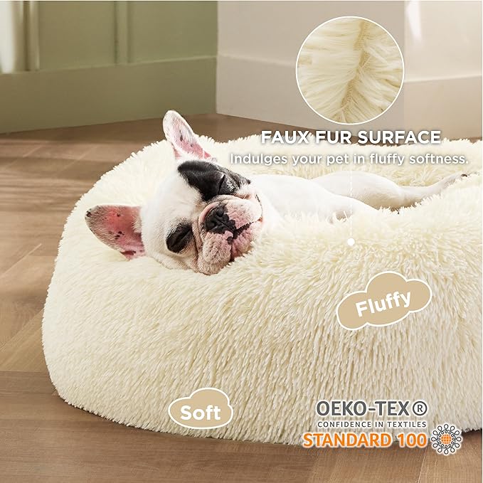Bedsure Calming Dog Bed for Small Dogs - Donut Washable Small Pet Bed, Round Anti-Slip Fluffy Plush Faux Fur Large Cat Bed, Fits up to 25 lbs Pets, Ivory Beige, 23 inches