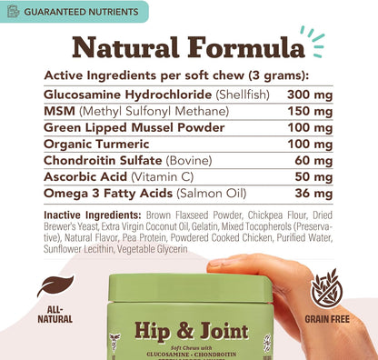 Natural Dog Company Hip & Joint Supplement for Dogs – Supports Mobility, Flexibility & Comfort, Glucosamine, Chondroitin, MSM & Turmeric, Chicken Flavor, 90 Count
