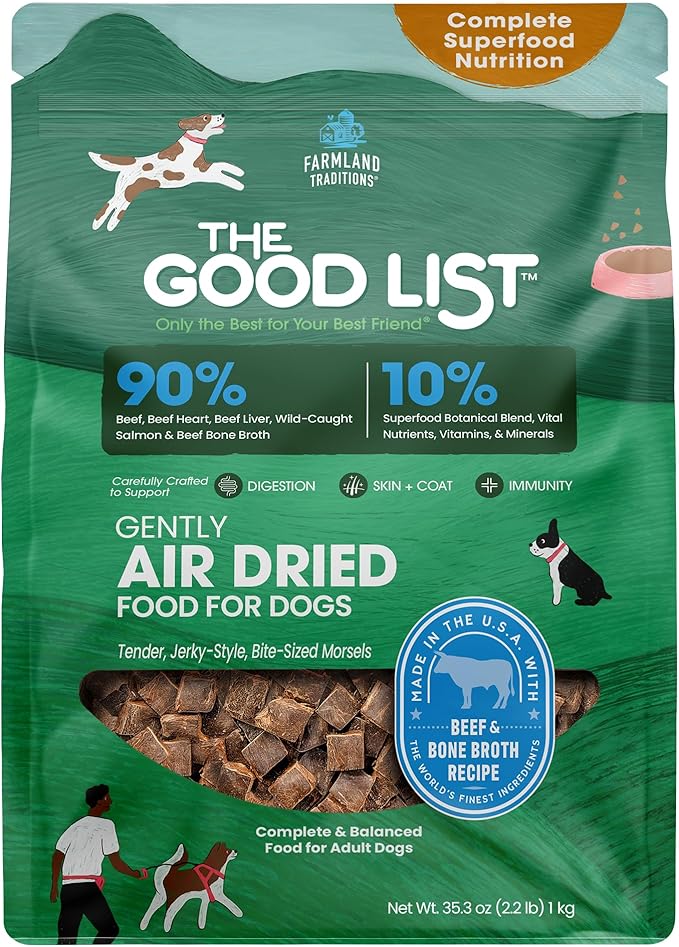 Farmland Traditions The Good List Air-Dried Dog Food, Premium Beef & Bone Broth for Dogs, Protein Rich & Grain-Free Nutrition, 2.2 Pound Bag