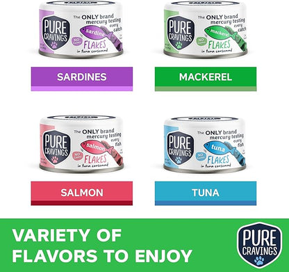 Pure Cravings Flakes in Tuna Consommé, Canned Wet Cat Food Soup, 100% Mercury-Tested, Moist Can Fish, Grain-Free Protein, Non-GMO, 3oz, Variety Pack 3X Tuna, 3X Salmon, 3X Sardine, 3X Mackerel