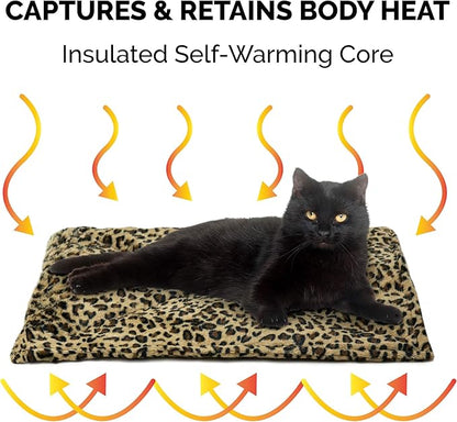 Furhaven ThermaNAP Self-Warming Cat Bed for Indoor Cats & Small Dogs, Washable & Reflects Body Heat - Quilted Faux Fur Reflective Bed Mat - Leopard, Small (Pack of 2)