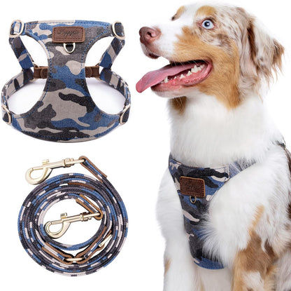 Dog Harness, No Pull Dogs Harness and Multi-Function Leash Set for Medium Dogs Easy Walk Everyday Adjustable Soft Dog Vest Harness Fashionable Dog Accessories Camouflage Blue-Relaxed Medium