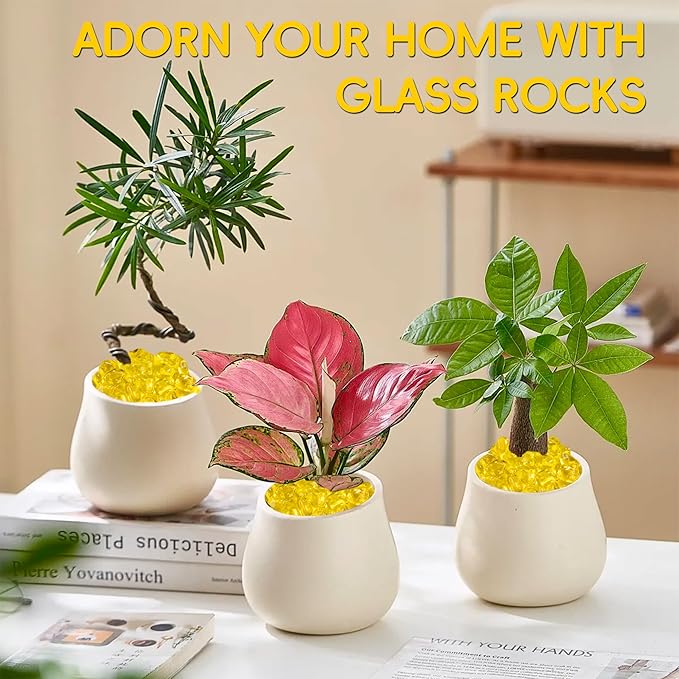 Meschett Colorful Glass Stones, 1 LB Fish Tank Gravel, Small Irregular Rainbow Aquarium Gravel for Aquarium Decorations and Turtle Tank, Sea Glass Beads Crystals for Fish Bowl, Vase Filler,Yellow