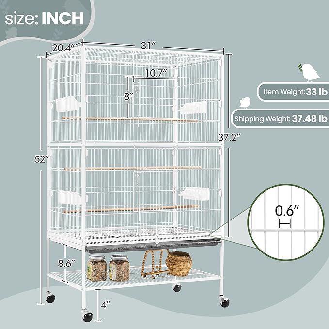 Yaheetech 52inch Bird Cage Extra Large Parakeet Parrot Cage for Lovebird Cockatiel Conure Finch with Rolling Stand White