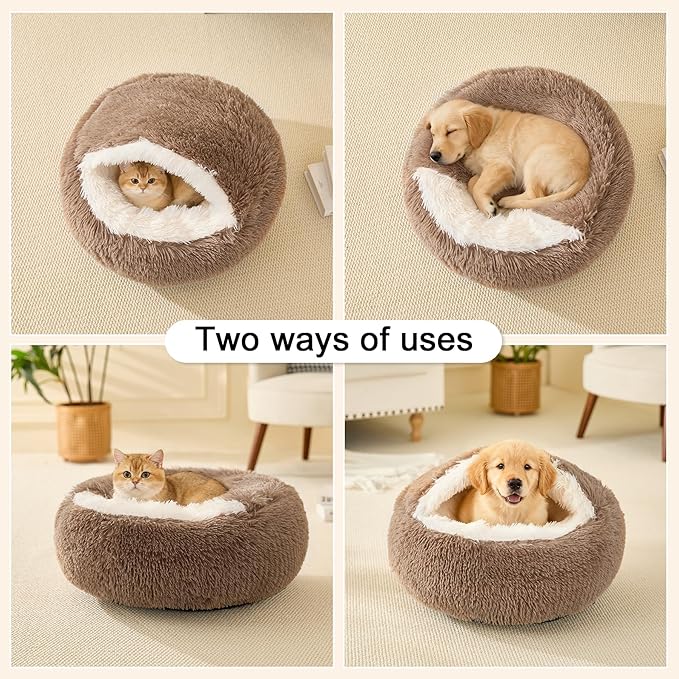 Calming Dog Beds & Cat Cave Bed with Hooded Cover,Removable Washable Round Beds for Small Medium Pets,Anti-Slip Faux Fur Fluffy Coved Bed for Improved Sleep,Fits up to 15/25 lbs(Khaki,S)