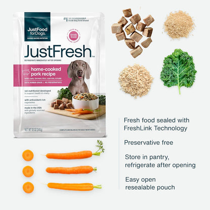JustFoodForDogs JustFresh Wet Dog Food, Fresh Pet Meals and Toppers with No Preservatives, Resealable Package, Human Grade, Home-Cooked Pork, 12 oz - 7 Pack