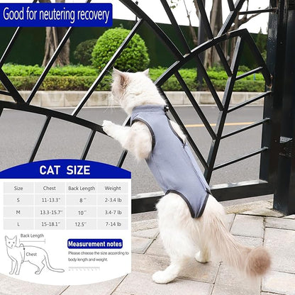 Cat Surgery Recovery Suit Cat Onesie for Cats After Surgery Spay Surgical Abdominal Wound Skin Diseases E-Collar Alternative Wear (Grey-Blue-S)