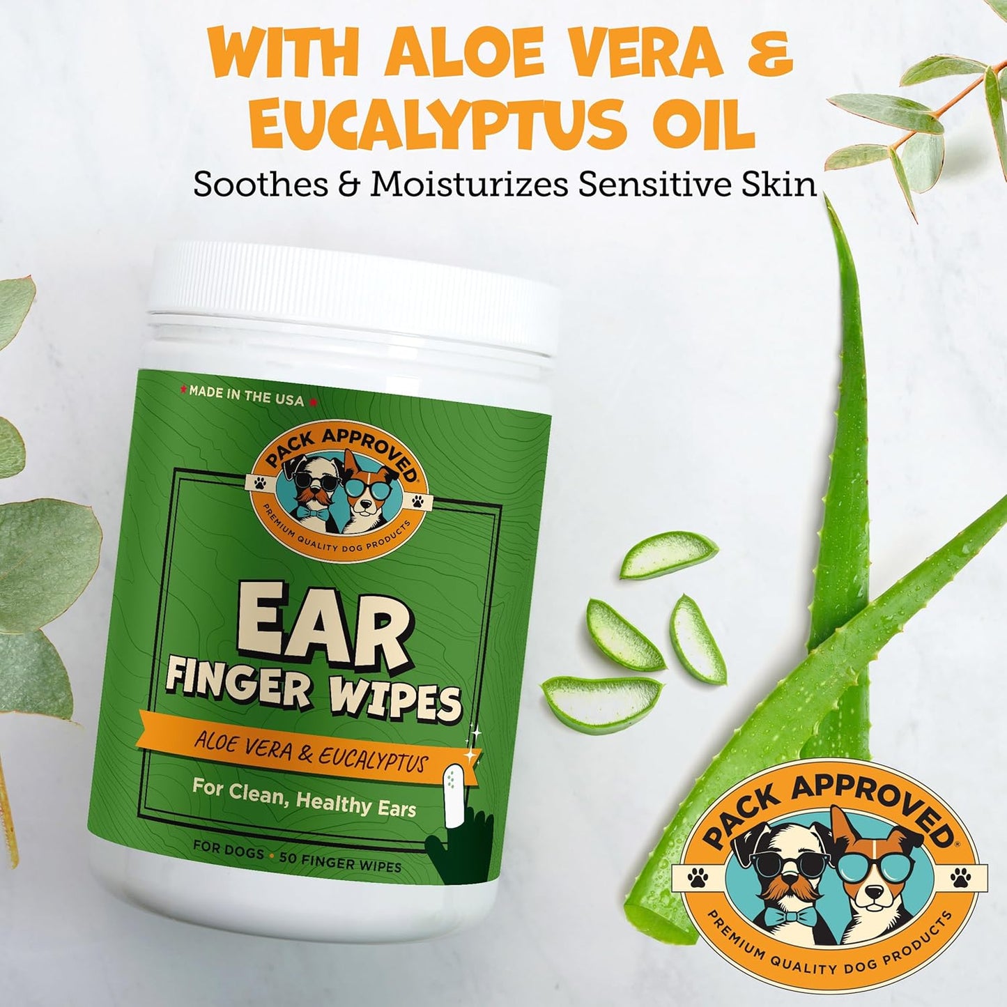 Finger Ear Wipes for Dogs with Aloe Vera and Eucalyptus - Convenient, Extra-Coverage, and Large Design Dog Ear Cleaning Wipes - Removes Wax and Freshens Ears - 50 Wipes