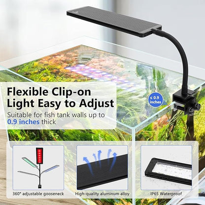 fishkeeper Clip On Aquarium LED Light, 24/7 Mode Full Spectrum Fish Tank Light with Timer, Adjustable 8 Color / 5 Brightness Simulate Sunrise-Day-Sunset-Moon for 11.81-16.92 inch Planted Tank 12W