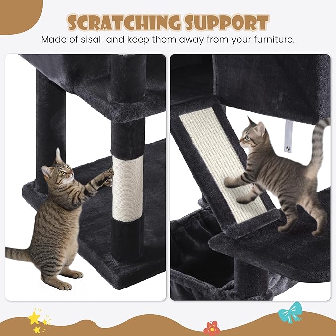 SHA CERLIN 81in Multi-Level Tall Cat Tree Tower for Indoor Kitties/Larger Cat Condo Furniture with Hammock/Cozy Pussycat Perches/Sisal Scratching Posts/Pet House/Wide Base/Dark Grey