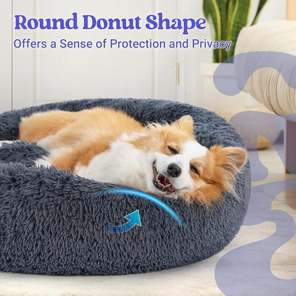 rabbitgoo Calming Dog Bed for Small Medium, 30 inches Pet Bed Machine Washable, Non-Slip Round Fluffy Plush Faux Fur Large Cat Cushion, Soft Donut Cuddler Cushion for Small Dogs, Dark Grey