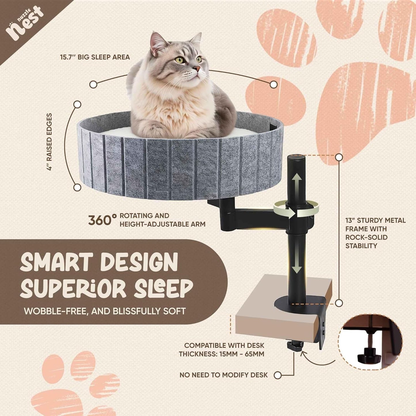 Cat Desk Bed with 360° Rotation & Height Adjustment, 60LB Capacity – Ultra-Plush Desk Mounted Perch Attachment, Table Cat Bed for Computer Desk, Washable Fluffy Hammock