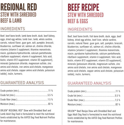 ORIJEN Real Meat Shreds Wet Dog Food Variety Pack: Regional Red + Beef Recipes 12.8oz Cans (6 Count, 3 of Each)