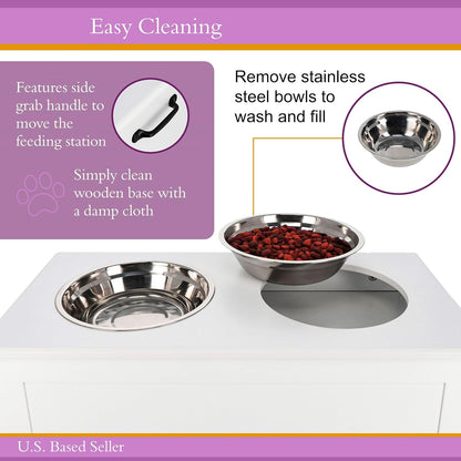 Elevated Dog Bowl with Storage, White Tall Feeder - Raised Dog Bowl Stand Large Feeding Station with 2 Pet Bowls