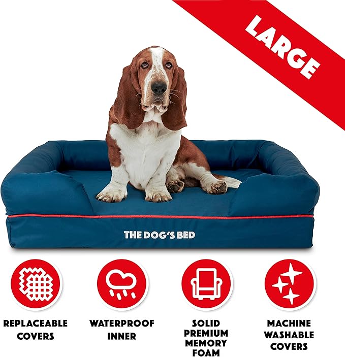 The Dog’s Bed, Large Oxford Blue/Red Memory Foam, Pain Relief: Arthritis, Hip & Elbow Dysplasia, Post Surgery, Lameness, Supportive, Calming, Waterproof Washable Cover