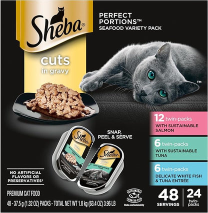 Sheba Perfect Portions Wet Cat Food Cuts in Gravy Variety Pack, with Sustainable Salmon, with Sustainable Tuna, and Delicate Whitefish & Tuna Entree, 2.6 oz. Twin-Pack Trays (24 Count, 48 Servings)