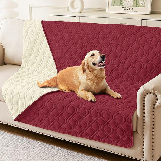 hyha Waterproof Dog Bed Blanket, Soft Pet Blankets, Waterproof Couch Cover for Dogs, Reversible Sofa Covers Washable for Furniture (52x82 Inch, Wine Red/Beige)