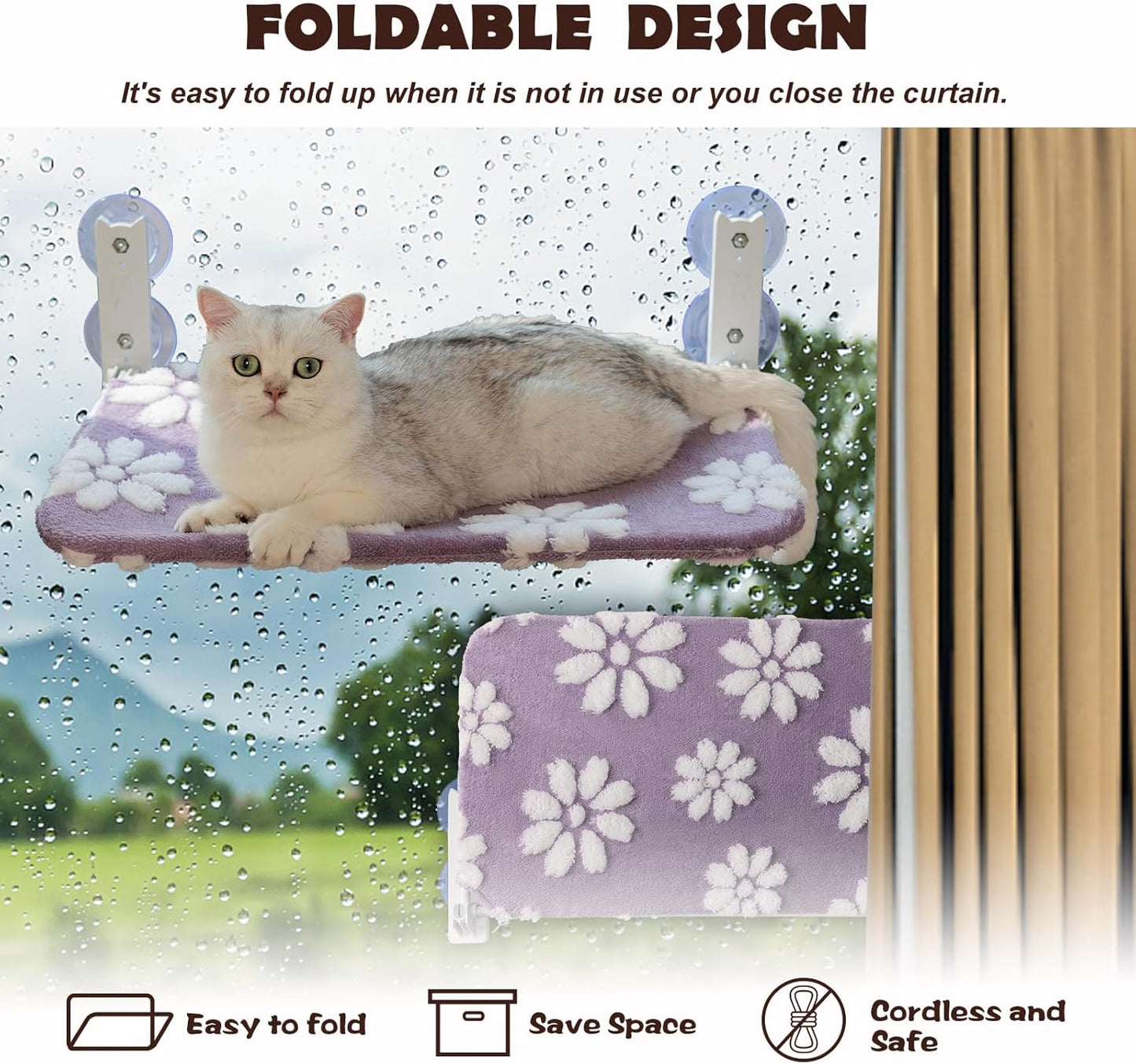 Cat Window Perch, Foldable Cat Window Hammock with Cute 3D Textured Flower Cover and Strong Suction Cups, Cordless Window Seat Bed for Indoor Cats (Purple, Large)