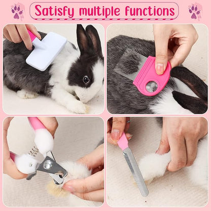 VCZONE Pink Small Animal Grooming Kit with Nail Clipper, Flea Comb, Shampoo Brush, Slicker Brush, Massage Glove for Rabbits