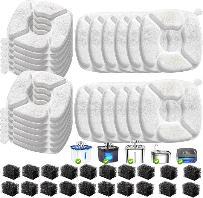 40 Pcs Cat Water Fountain Replacement Filters-20 Pack Cat Fountain Filters with 20 Pack Sponges, Enhanced Compatibility Pet Fountain Filter Fit for 95oz/2.8L 135oz/4L 67oz/2L Pet Drinking Fountain