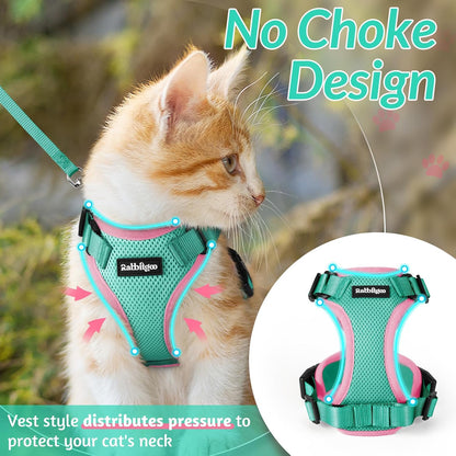 rabbitgoo Cat Harness and Leash for Walking, Escape Proof Soft Adjustable Vest Harnesses for Cats, Easy Control Breathable Reflective Strips Jacket, Pink&Light Green, M