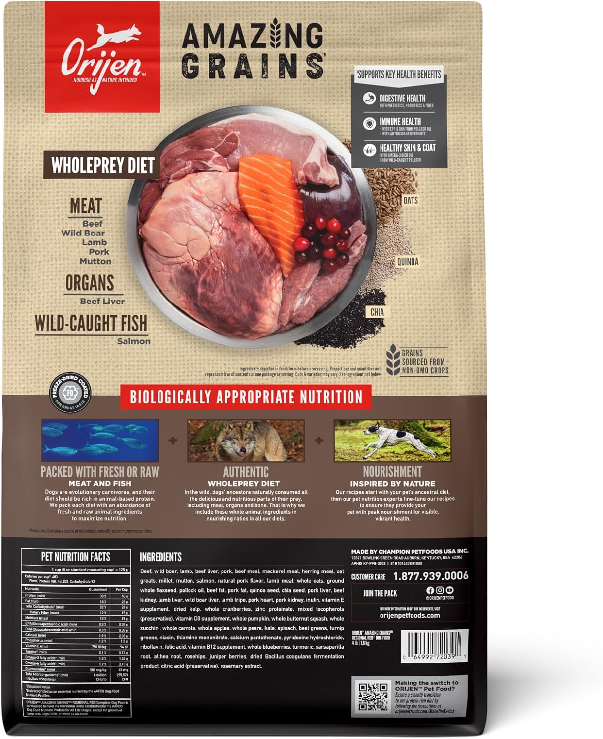ORIJEN Amazing Grains High Protein Dry Dog Food Regional Red Recipe 4lb Bag