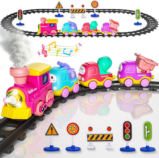 Funwee Steam Track Train Set for Toddlers, Magnetic Connection Train Toys w/Lights & Sounds, Electric Cartoon Choo Choo Train, Toy Train Christmas Birthday Gift for Toddlers 2 3 4 5+ Boy Girl (Pink)
