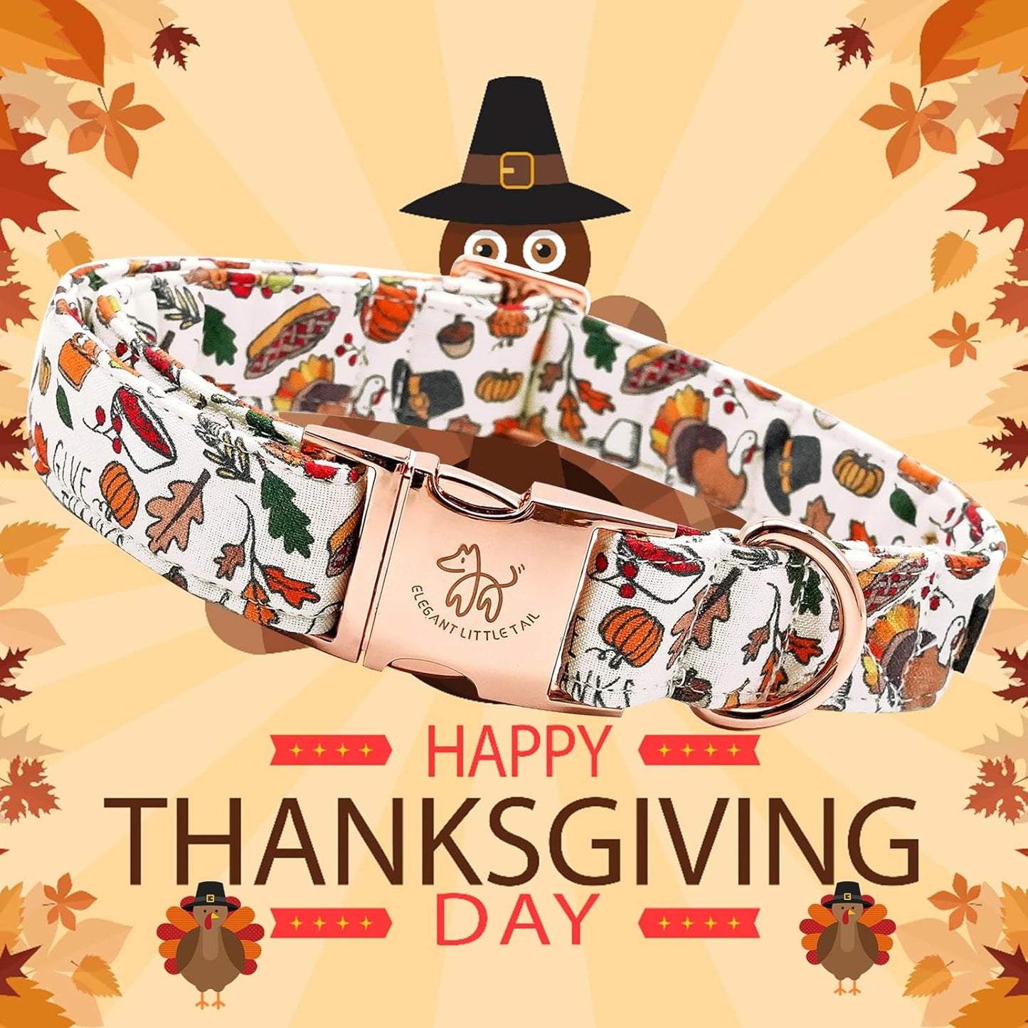 Elegant little tail Thanksgiving Dog Collar, Fall Turkey Print Pet Collar Durable Dog Collars Male or Female Holiday Pet Gift Adjustable Dog Collar for Small Dogs