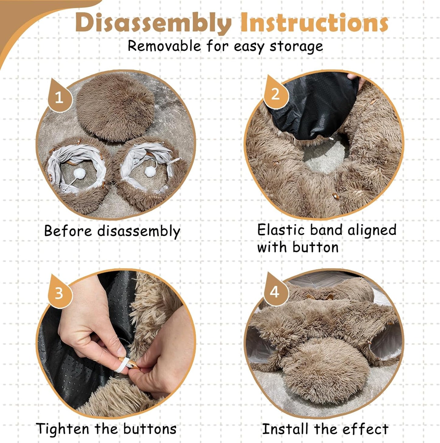 Cat Tunnel Bed for Indoor Cats, Soft Plush Donut Peekaboo Cat Cave, Multifunctional Playground Toy for Small Medium Large Cats, Kittens, Rabbits, Ferrets, with Washable Cushion (Brown)