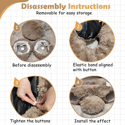 Cat Tunnel Bed for Indoor Cats, Soft Plush Donut Peekaboo Cat Cave, Multifunctional Playground Toy for Small Medium Large Cats, Kittens, Rabbits, Ferrets, with Washable Cushion (Brown)