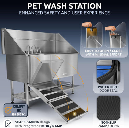 KANIS Professional Dog Washing Station - 304 Stainless Steel Pet Wash Sink & Grooming Bathtub w/Shower, Floor Grates and Storage for Large, Medium & Small Pets (61", Shelf - Left Ramp)