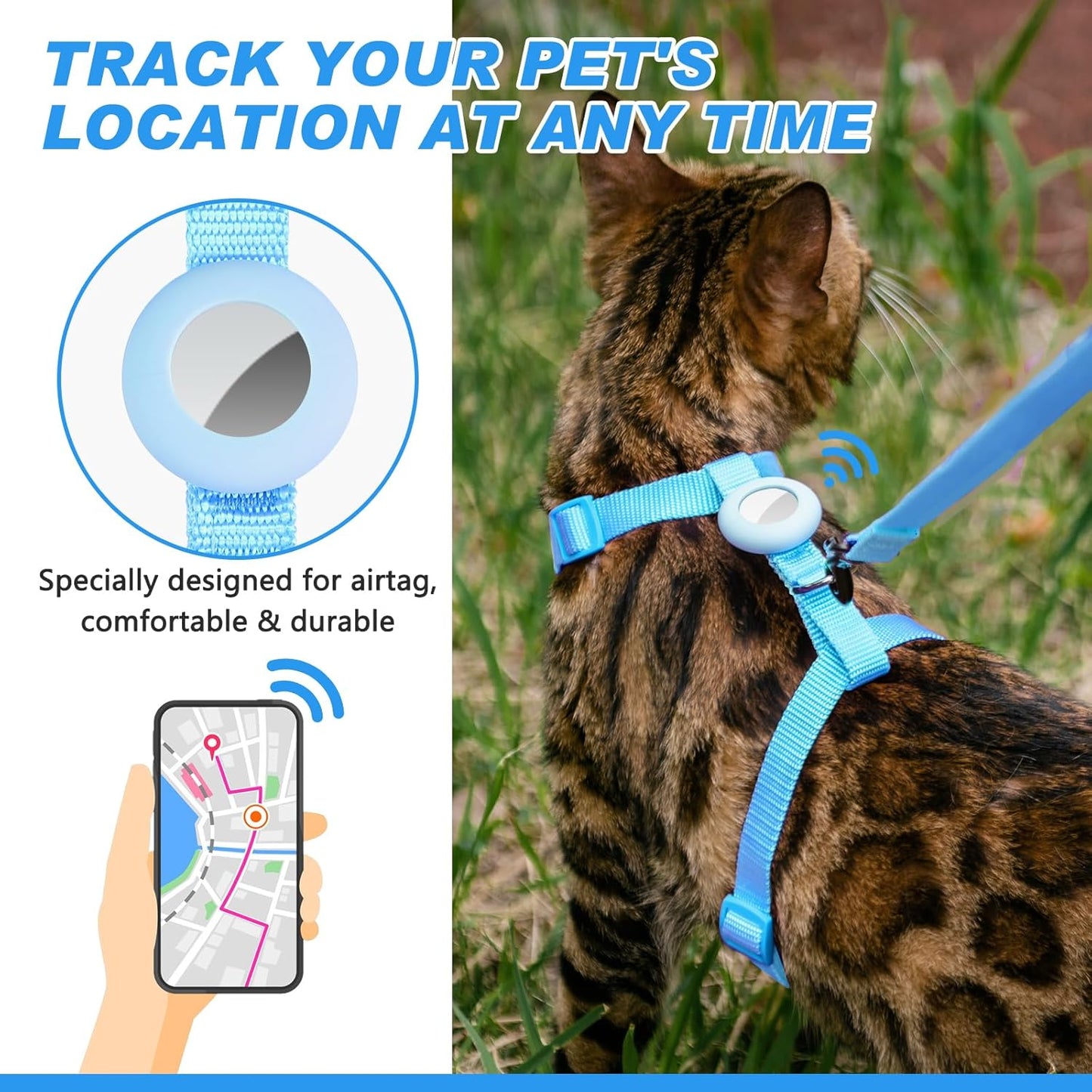 Cat Harness and Leash Set with Airtag Holder for Walking & Travelling, Escape Proof Cat Harness for Small Medium Large Kitten, Adjustable Lightweight Soft Cat Vests (Blue)