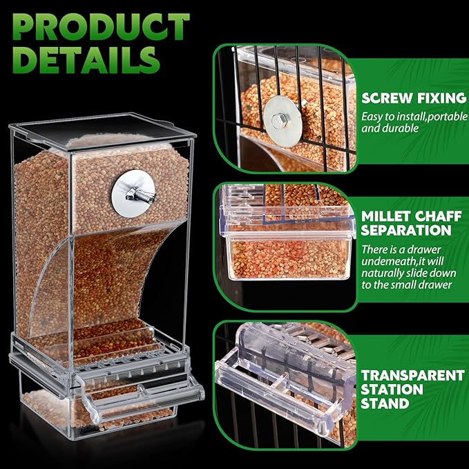 Yaomiao 4 Pcs No Mess Bird Feeders with 4 Pcs Cage Perch Automatic Clear Drinker Parakeet Seed Dispenser Quail Feeder and Watered Cage Accessories for Lovebirds Conures Budgies Canary Finch