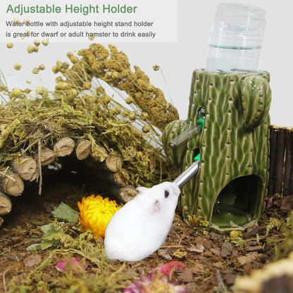 2-in-1 Adjustable Hamster Water Bottle for Glass Tank - 80ML, No Drip Ceramic Holder for Dwarf Hamster, Mice, Rat (Dark Green)