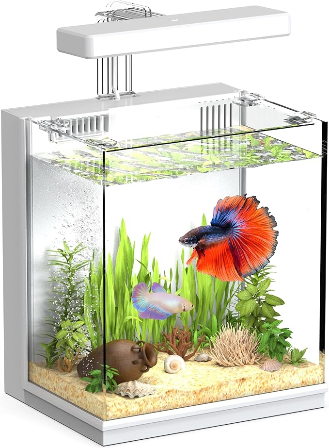 2-Gallon All-in-One Fish Tank – Silent Pump, 3-Stage Filtration & Easy Water Change, Perfect Self-Care Betta Aquarium Kit for Kids & Beginners (White